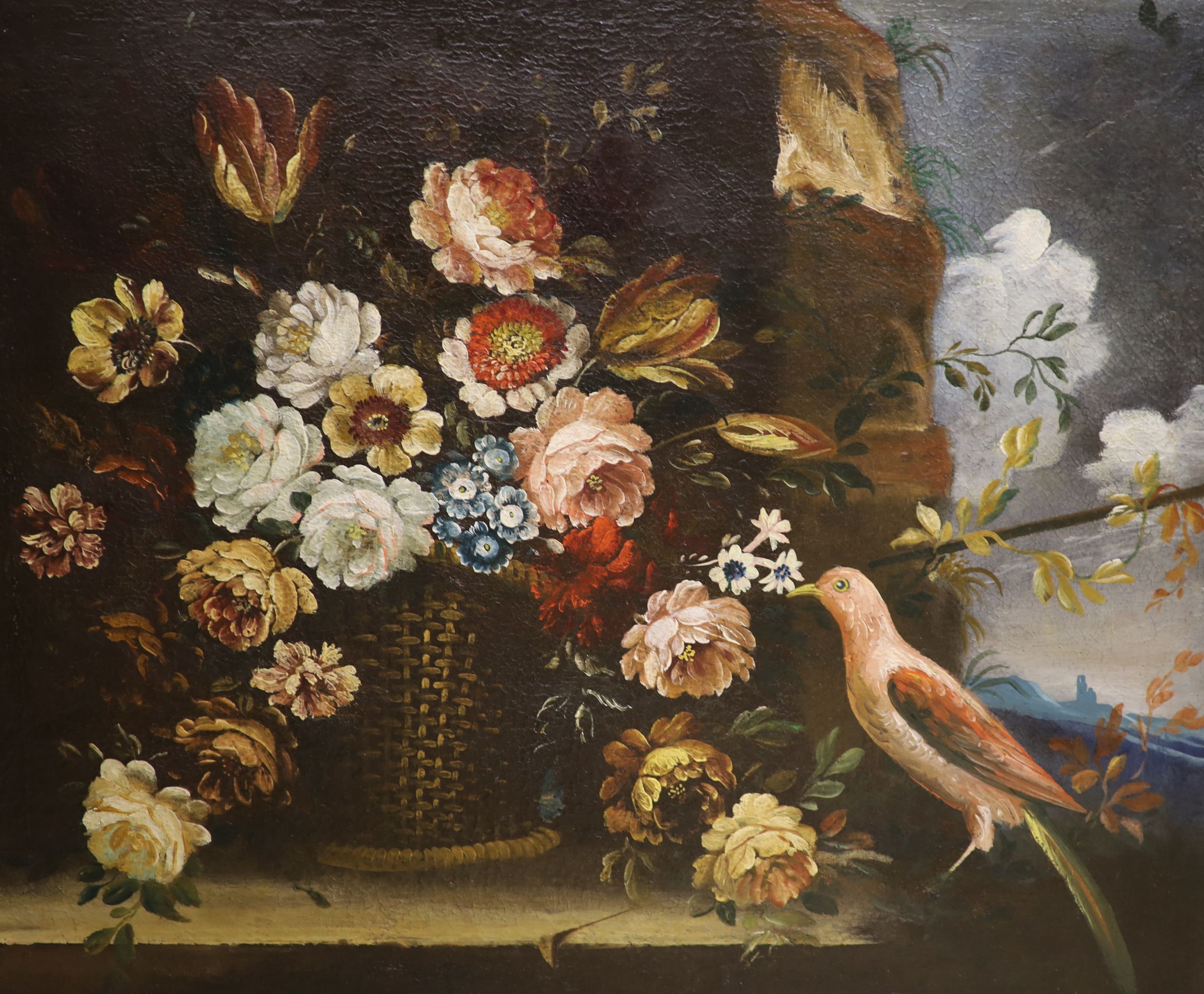 Continental School, pair of oils on canvas, Still lifes of flowers in baskets with birds perched alongside, 70 x 83cm